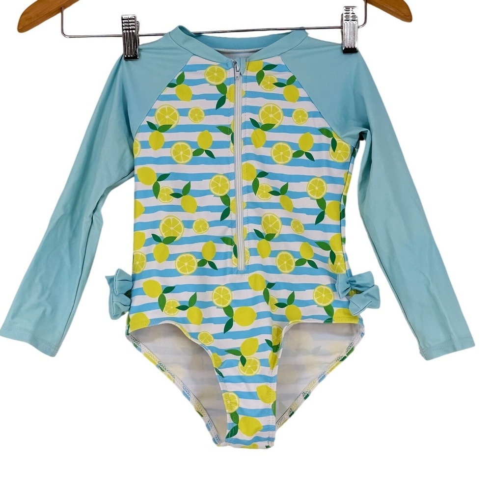 SHEIN Girls Blue Lemon Stripe Long Sleeve One Piece Swimsuit Rash Guard Size 5Y